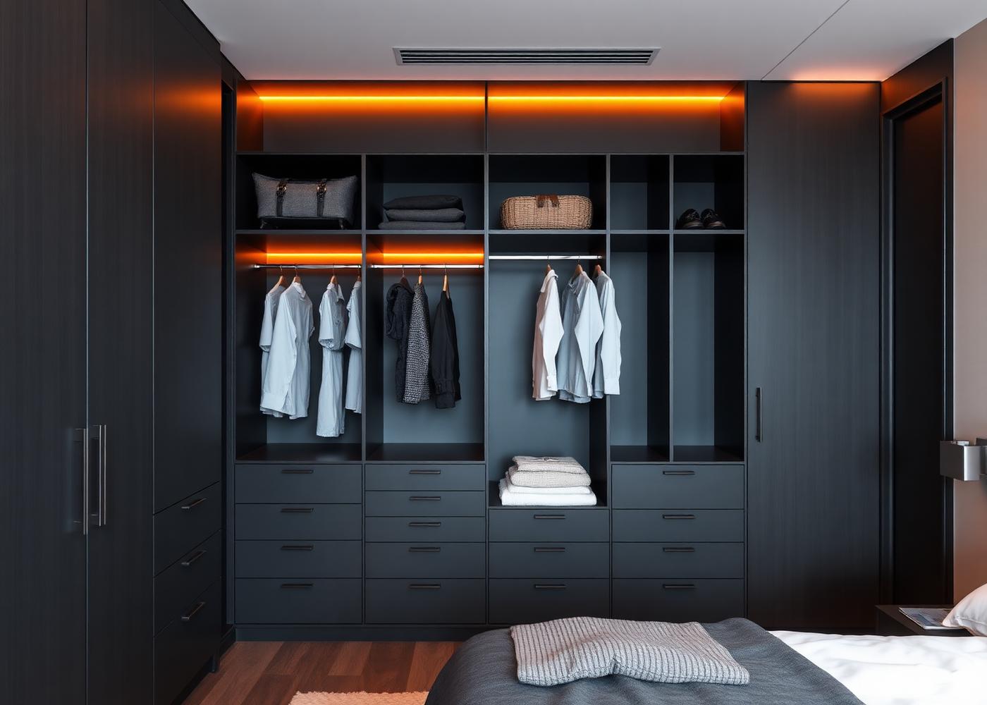 Made-to-measure dark fitted wardrobe with integrated lighting in a Nottingham bedroom