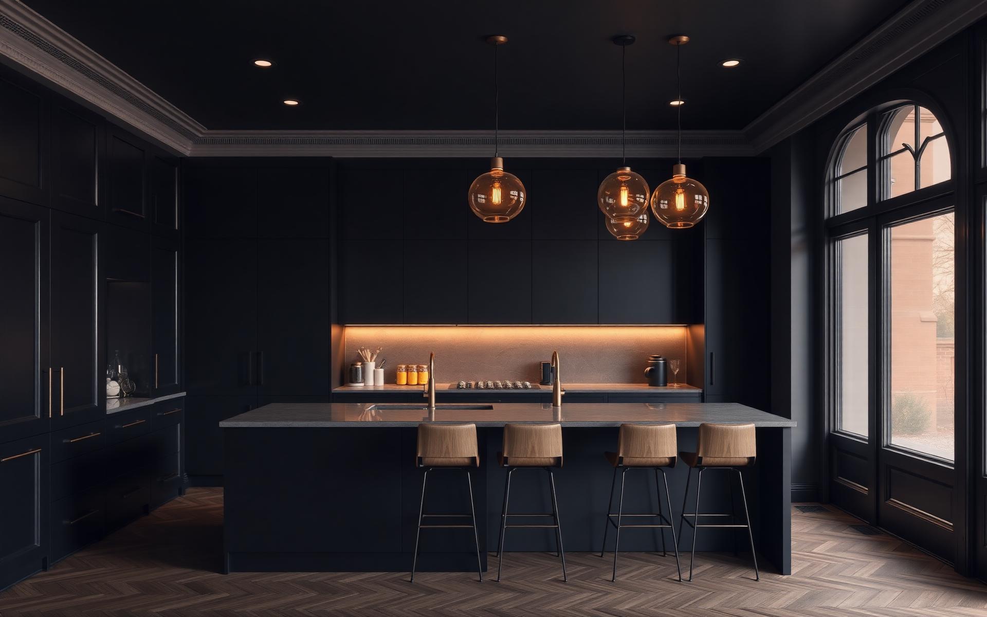Bespoke dark kitchen with amber pendant lighting